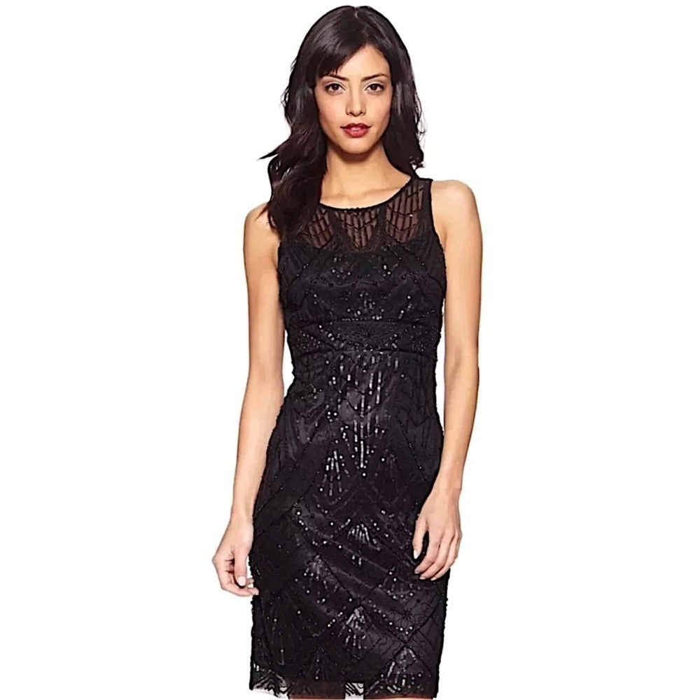 SUE WONG 6 Black Sequin embellished beaded formal cocktail evening dress